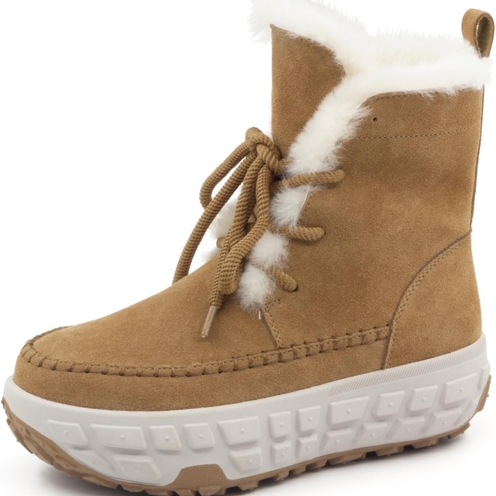 Camel Genuine Suede Faux Fur Lined Lace-Up Snow Boots